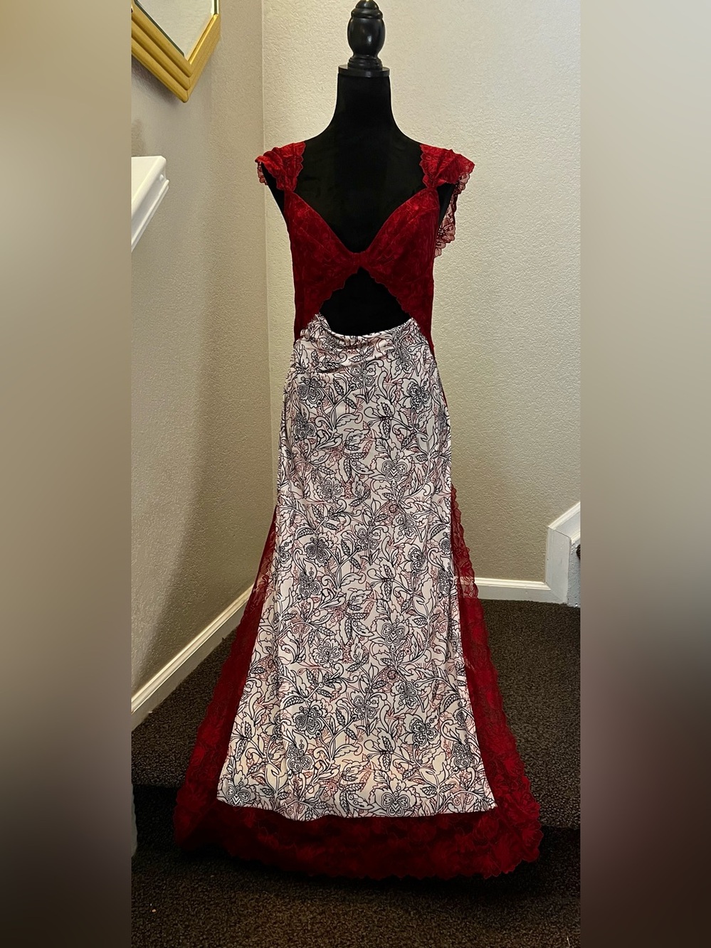 Red Lace & Floral Panel Evening Dress or Sexy Nightgown.
